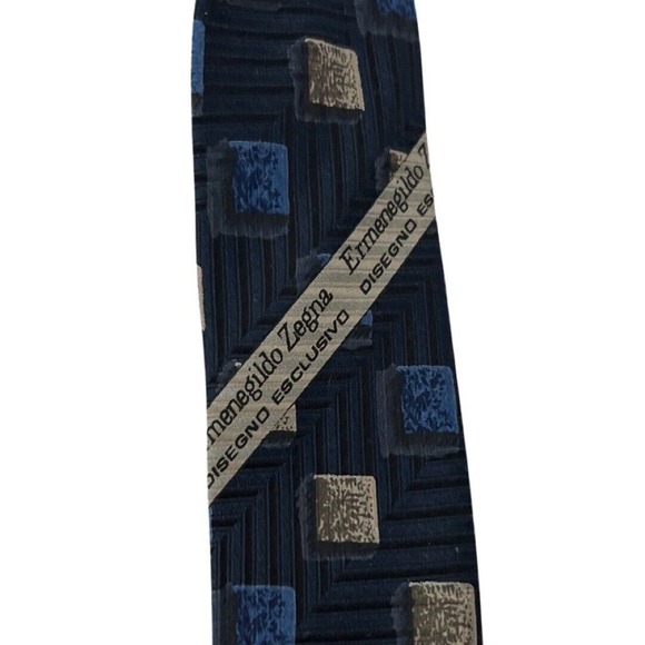 Ermenegildo Zegna Tie Mens Blue Tan Square Geometric Silk Luxury Business - Picture 6 of 11